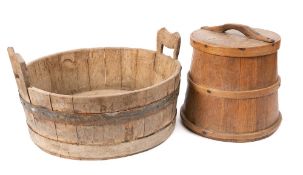 An oak and bound butter churn and cover: of tapering form, 32cm high,