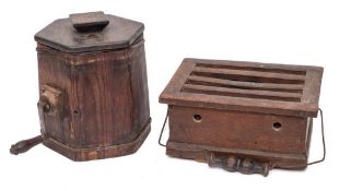 An iron coopered hexagonal butter churn: with side handle and cover, 22cm high,