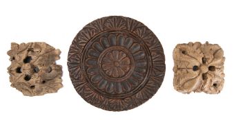 A carved oak circular churn cover: with flowerhead rosette centre and acanthus border, 36.