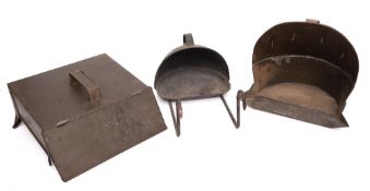 A bar-grate tinned Dutch oven: on adjustable iron rack, a tinned Dutch oven and another oblong.