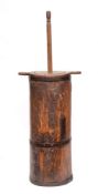 A 19th Century iron bound cylindrical butter churn: with twin-handled cover and plunger,