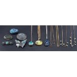 A collection of necklaces and brooches,: including an 18ct gold herringbone chain, weight ca.2.