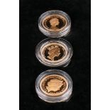 A proof set of three gold sovereign coins from 1979, 1985 and 1998,: diameter of each ca.