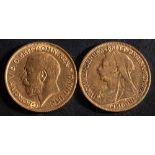 Two half sovereign gold coins, 1895 and 1911,: diameter ca. 19mms, total weight ca. 7.9gms.