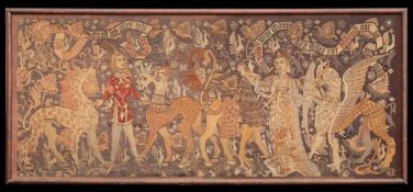 A large woven tapestry: depicting a Prince and Princess each holding mythical animals and ribbon