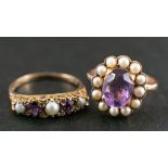 Two amethyst and pearl rings,: including an amethyst and seed pearl cluster ring,