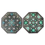 A black marble octagonal panel: inlaid with malachite, mother-of-pearl and enamel floral decoration,