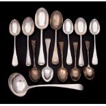 A mixed selection of flatwares, various makers and dates: includes sauce ladle, two dessert spoons,