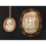 Two carved shell cameos,: a carve shell cameo brooch depicting the three graces,