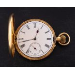 An 18ct gold full-hunter keyless pocket watch: the movement having a lever escapement,