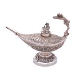 A Burmese silver pedestal oil lamp: of oval outline,