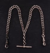A silver Albert pocket watch chain: curb link marked for silver, with silver bar,