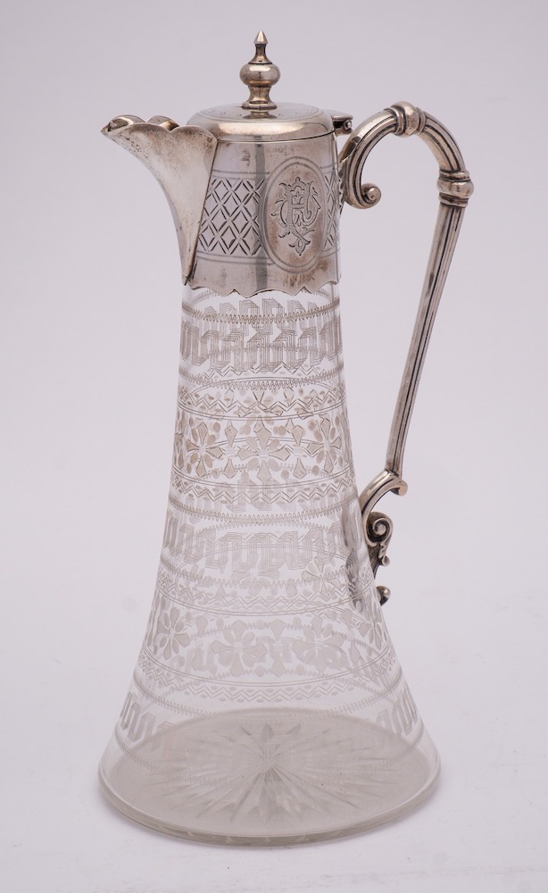 A Victorian etched glass and silver mounted claret jug, maker Barker Brothers, London,