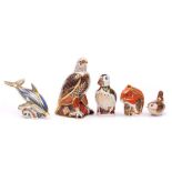Five Royal Crown Derby paperweights: comprising a Bald Eagle, Puffin, Striped Dolphin,