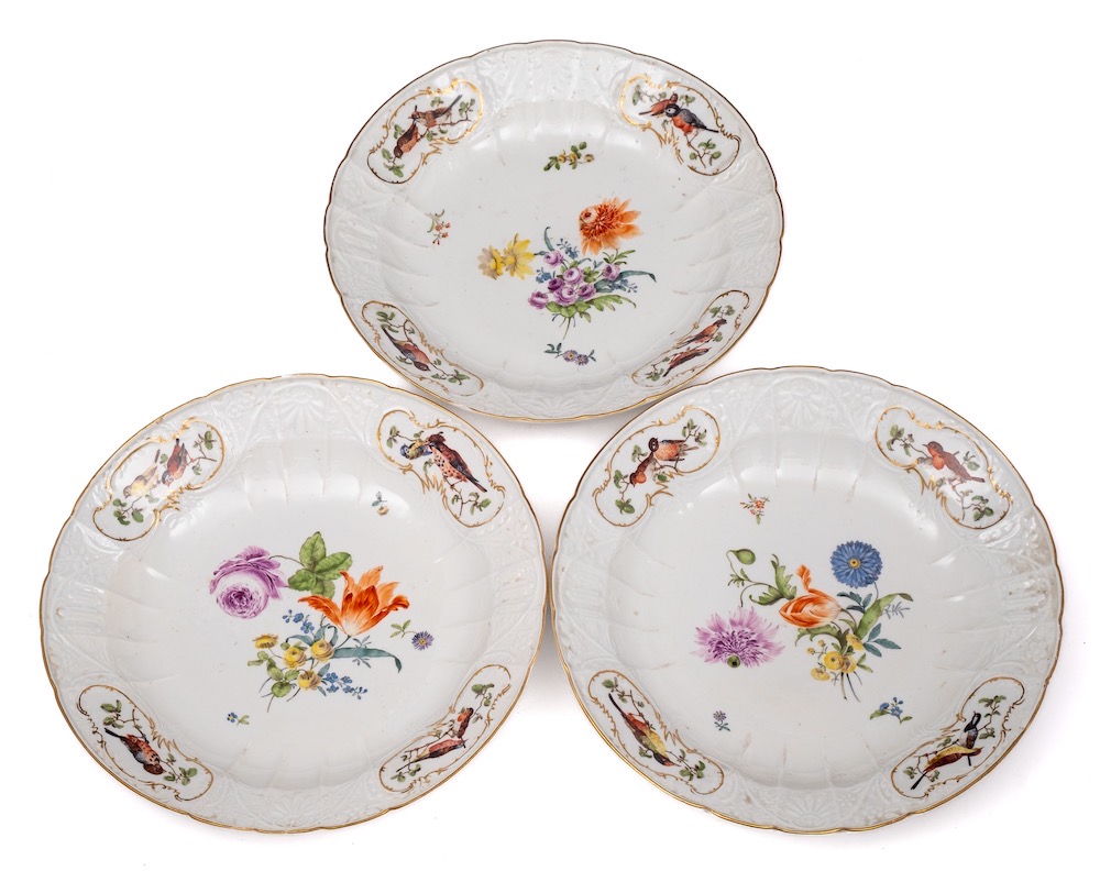 A set of three large Meissen dishes: with Dulong pattern rims moulded with flowers and palmettes, - Image 2 of 2