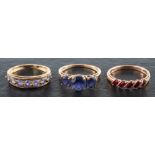 Nine 9ct gold gem-set rings,: including tanzanite, iolite, pink sapphire, diamond, garnet, apatite,