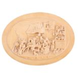 A 19th century reconstituted stone low relief oval plaque: depicting an 18th century cottage