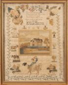 A Victorian petit point sampler: with religious verse, view of a rural cottage, a crown, harps,