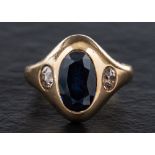 A sapphire and old-cut diamond three-stone ring,: estimated total diamond weight ca. 0.