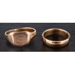 Two rings,: a signet ring with indistinct monogram, stamped '9CT', length of ring head ca.