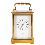 A Victorian French brass carriage clock: the eight-day duration movement having a platform cylinder