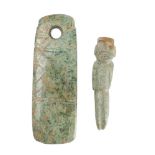 A Pre-Columbian nephrite axe head: of rectangular form, 15cm long, together with a nephrite pendant,