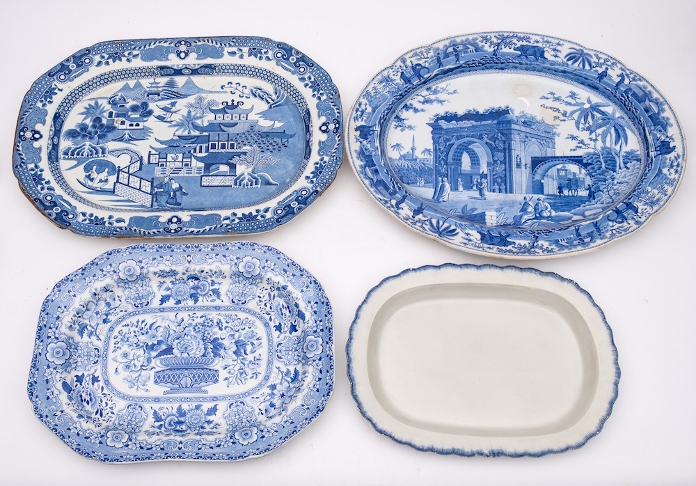 Four pottery meat plates: comprising a Spode Caramanian series example printed with the Triumphal