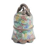 A cloisonné temple bell: of traditional design the handle in the form of dragons,
