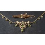 A peridot and seed pearl Art Nouveau style fringe necklace,: stamped '9C', length ca.