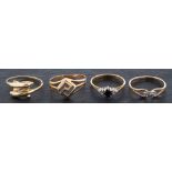 Four rings,: including a 9ct gold sapphire and diamond three stone ring,