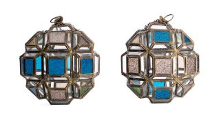 A pair of leaded glazed centre-light globe shades: inset with clear and coloured glass panels with