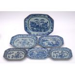 A group of six Chinese blue and white octagonal dishes: painted with floral sprays,