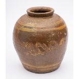 A stoneware Martaban storage jar: of oviform with a band of simple impressed decoration on the