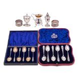 A mixed lot of silver wares, various makers and dates: includes two silver salts, silver cream jug,