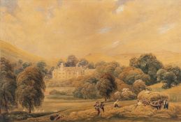 M A R, English School Circa 1840- Ingthorpe Grange; harvesters in the foreground,:- watercolour,
