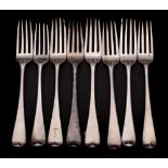A mixed lot of eight silver table forks, various makers and dates: 519gms, 16.68ozs.