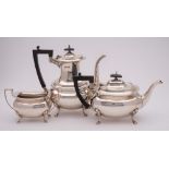 A George V silver three-piece tea and coffee service, maker Walker and Hall, Sheffield,
