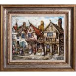 Rita. E. Whitaker R.M.S. Enamel on copper panel 'Old Houses at Chester in 1810': signed.