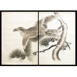 Two Japanese woodblock prints in two parts: depicting eagles flying over pine trees each 94 x 130cm