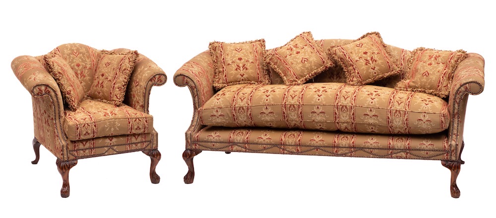 An upholstered suite of sofa and armchair by Brights of Nettlebed, in George III taste, modern,