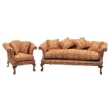 An upholstered suite of sofa and armchair by Brights of Nettlebed, in George III taste, modern,