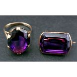 An amethyst brooch and 9ct gold synthetic colour change sapphire ring,