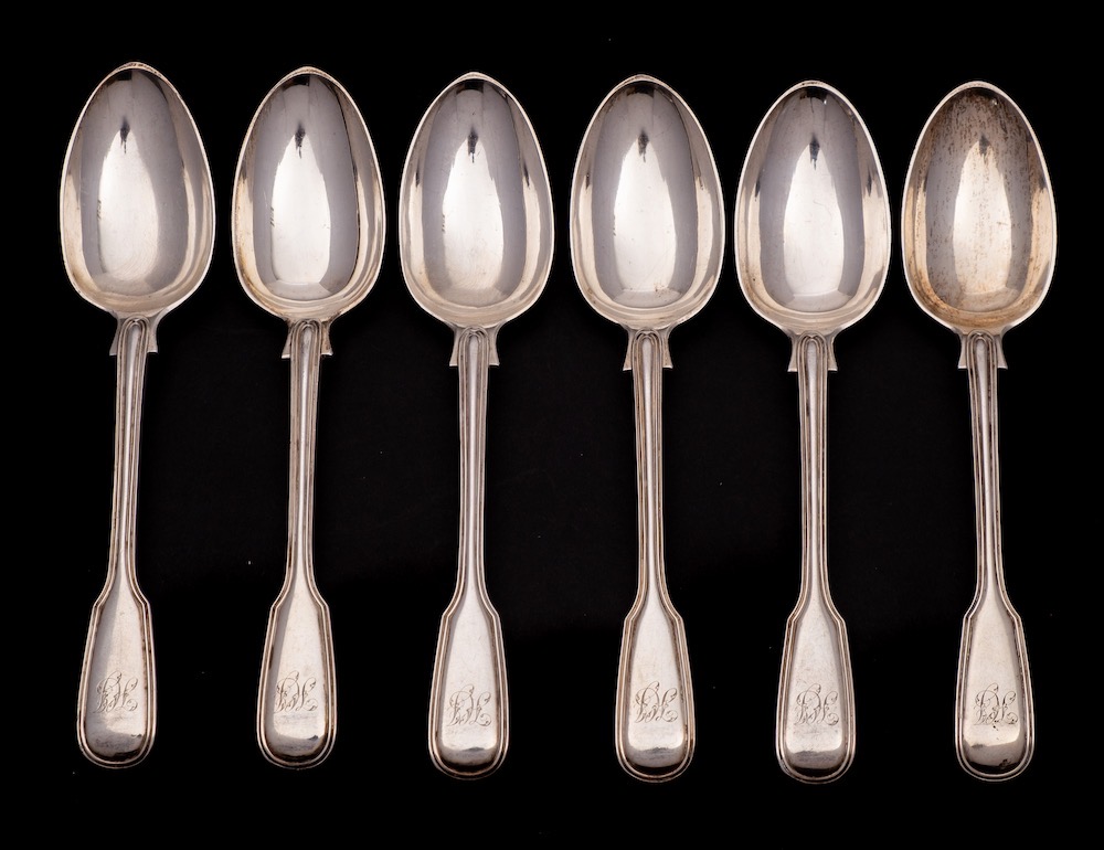 A set of six Victorian silver Fiddle & Thread pattern dessert spoon, maker Chawner & Co, London,