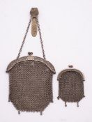 A Chinese silver mesh purse, bears finesse mark: together with a smaller mesh purse, 87gms, 2.