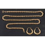 A 9ct gold rope twist necklace and a pair of hoop earrings:,