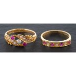 Two 18ct gold diamond and ruby rings,: an old-cut diamond, ruby and seed pearl ring,