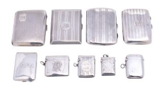 A mixed lot of silver, various makers and dates: includes; four silver cigarette cases,