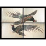 A large Japanese woodblock print in four parts: depicting flying pheasants,