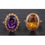 Two rings,: a 9ct gold amethyst ring, estimated amethyst weight ca.