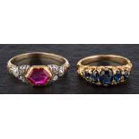 A synthetic sapphire five stone ring and a synthetic ruby and single-cut diamond ring,